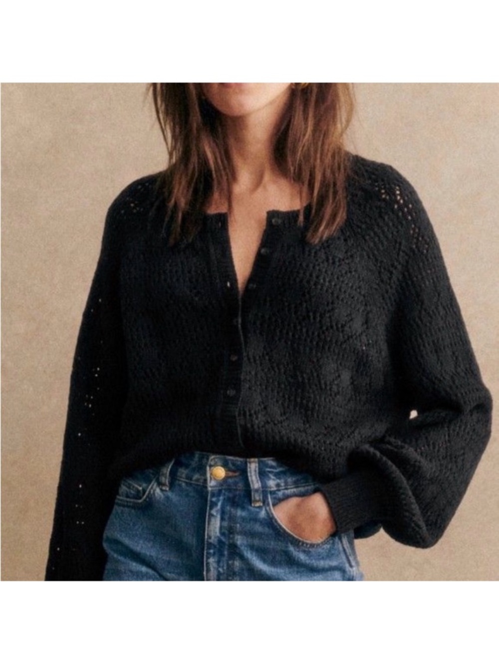 Sezane Capucine Navy Openwork Button-Front Cardigan